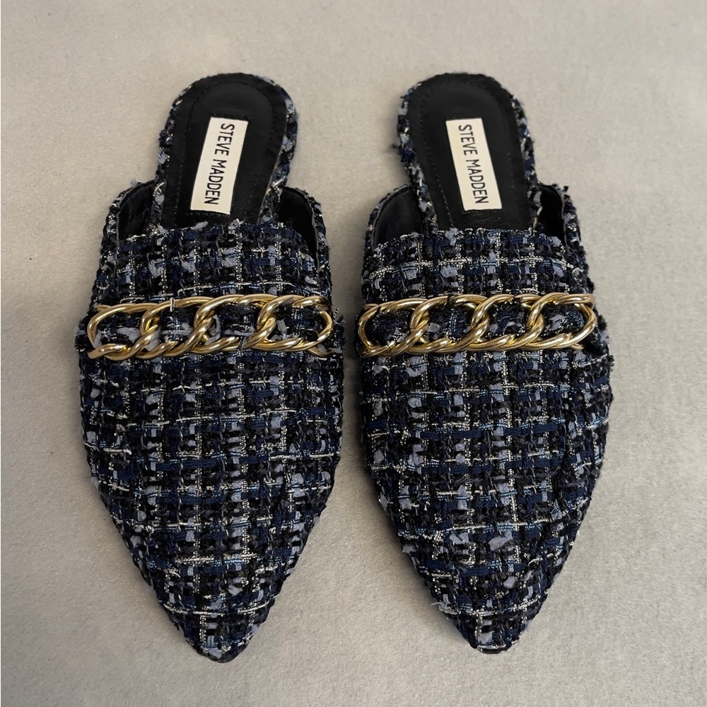 Steve Madden Navy Tweed Mules with Gold Chain